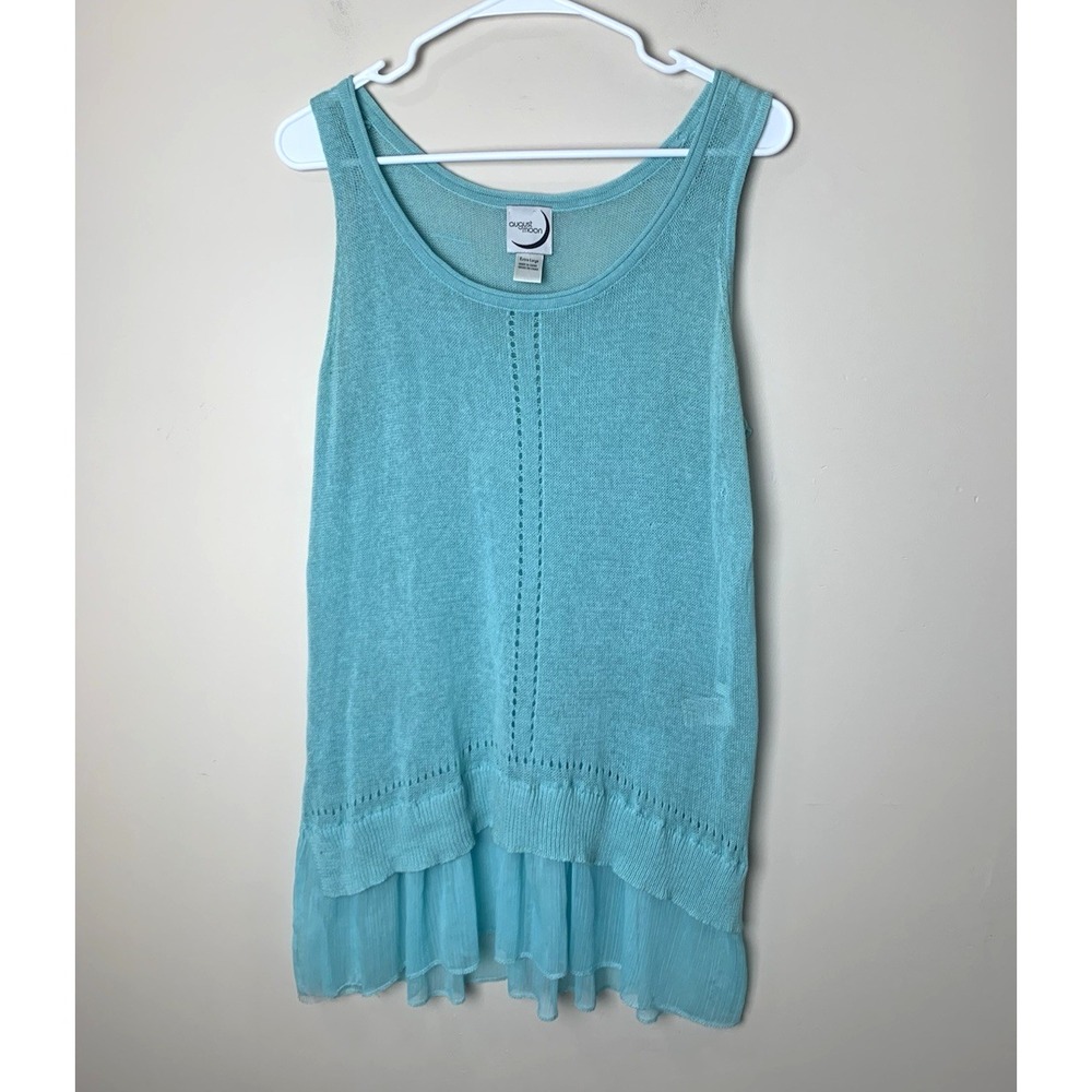 August Moon Knit Tunic Top Womens XL Turquoise Blue Boho Linen Cotton Ruffle